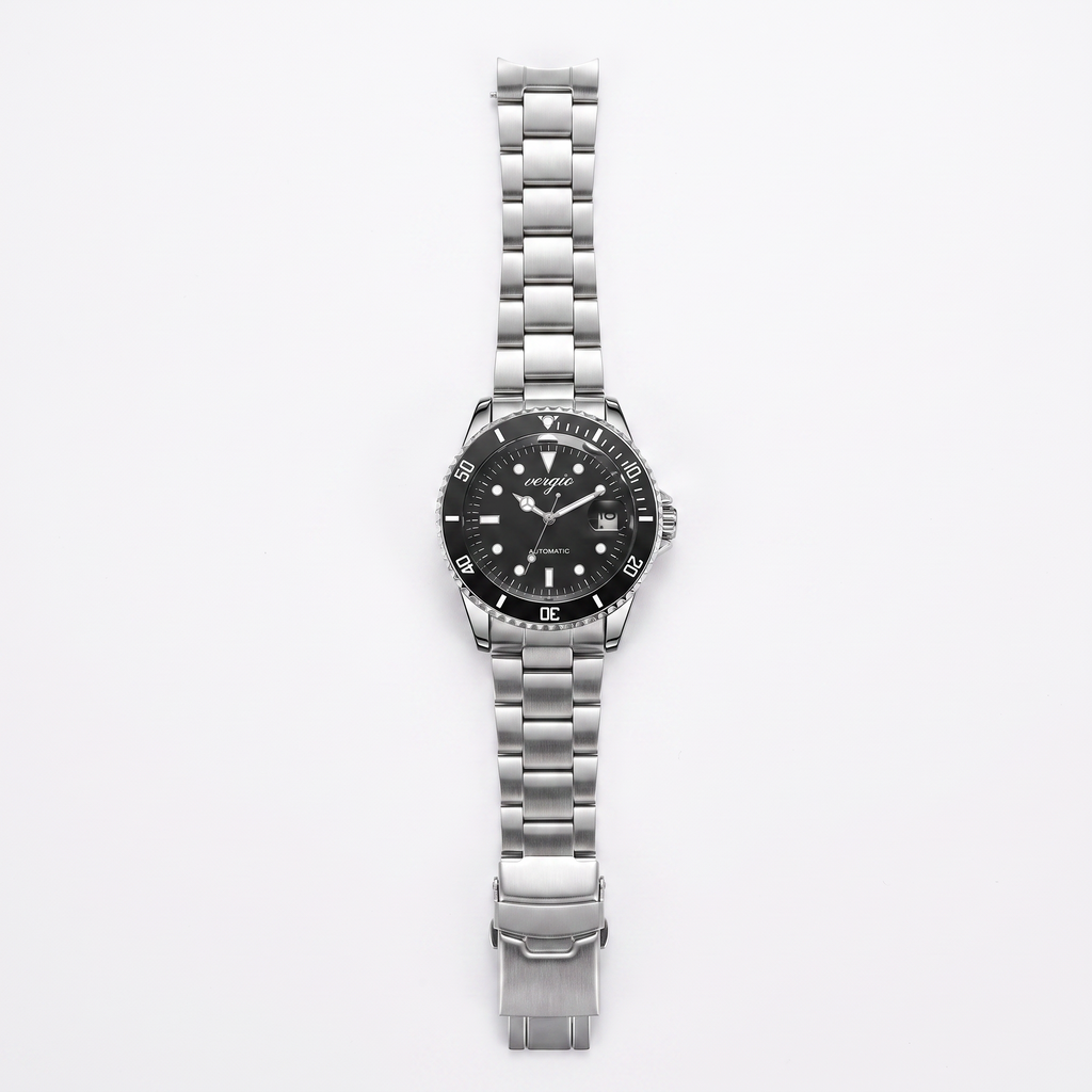 Reloj Vergio negro con correa de acero jubilee, vista cenital