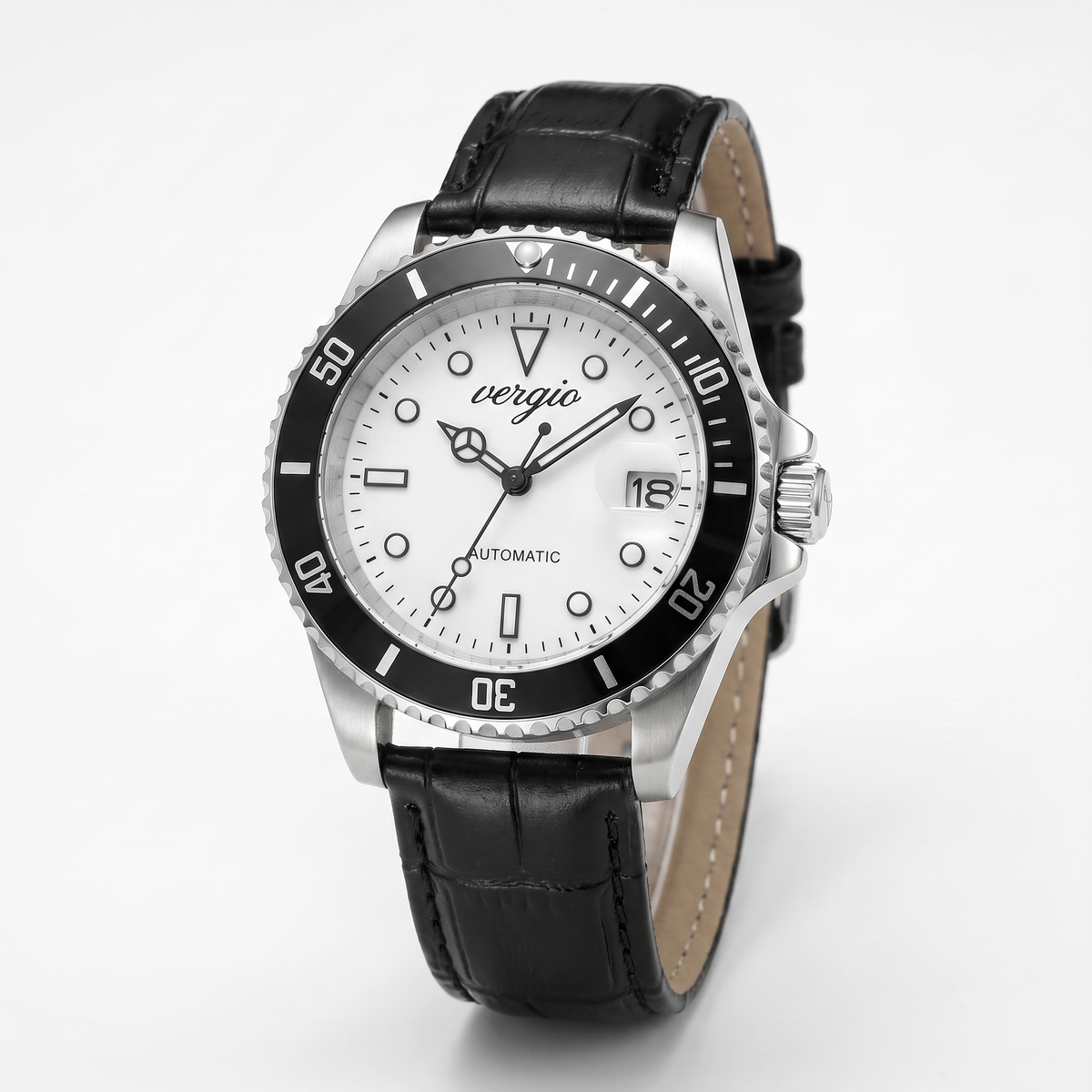 Correa de piel negra con reloj Vergio esfera blanca
